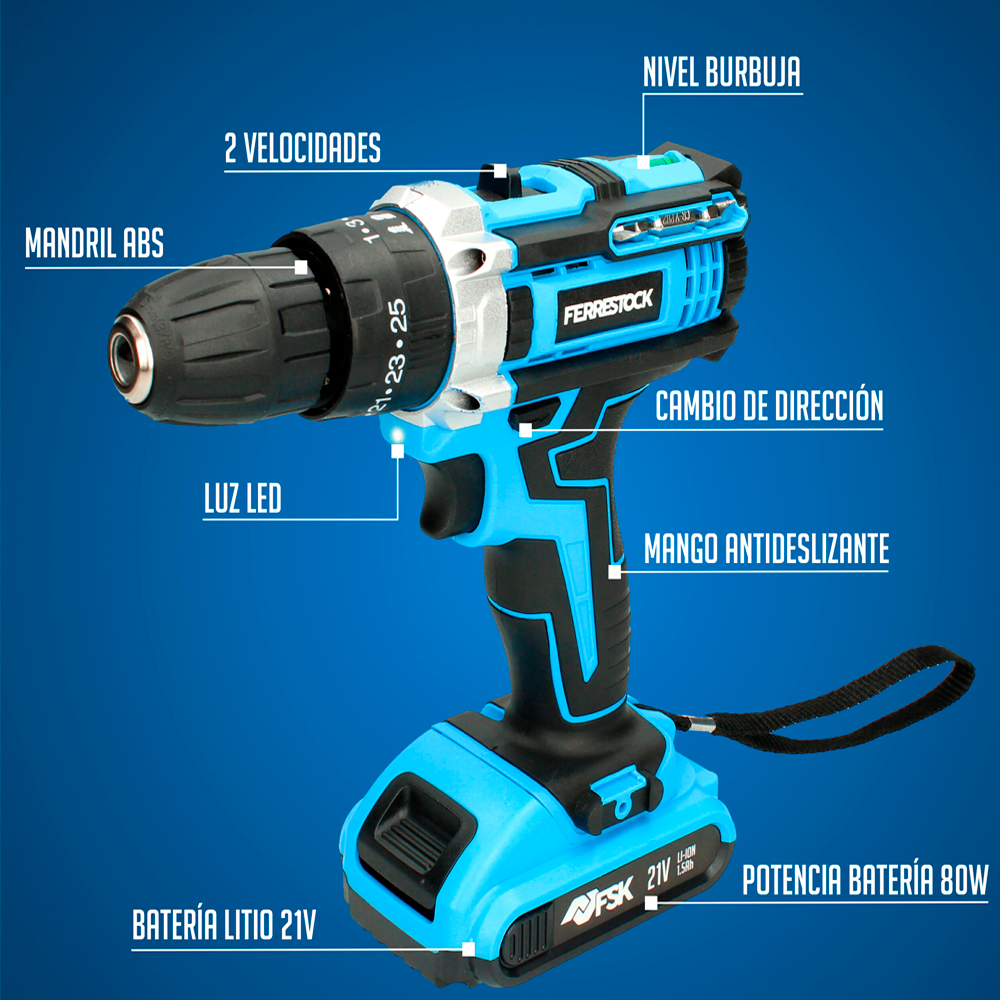 Taladro Percutor 21V con Batería 1,5Ah y 25 Accesorios Ferrestock - Imagen 2